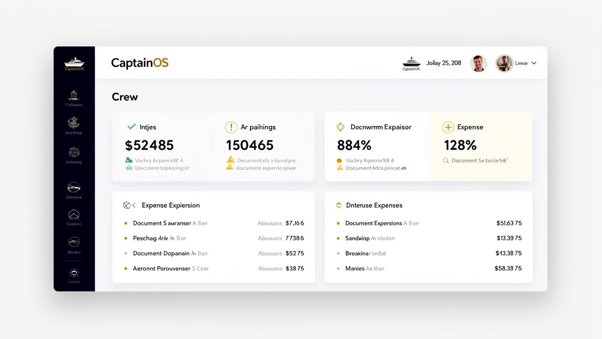 Aperçu du tableau de bord CaptainOS montrant la gestion équipage, tâches et comptabilité